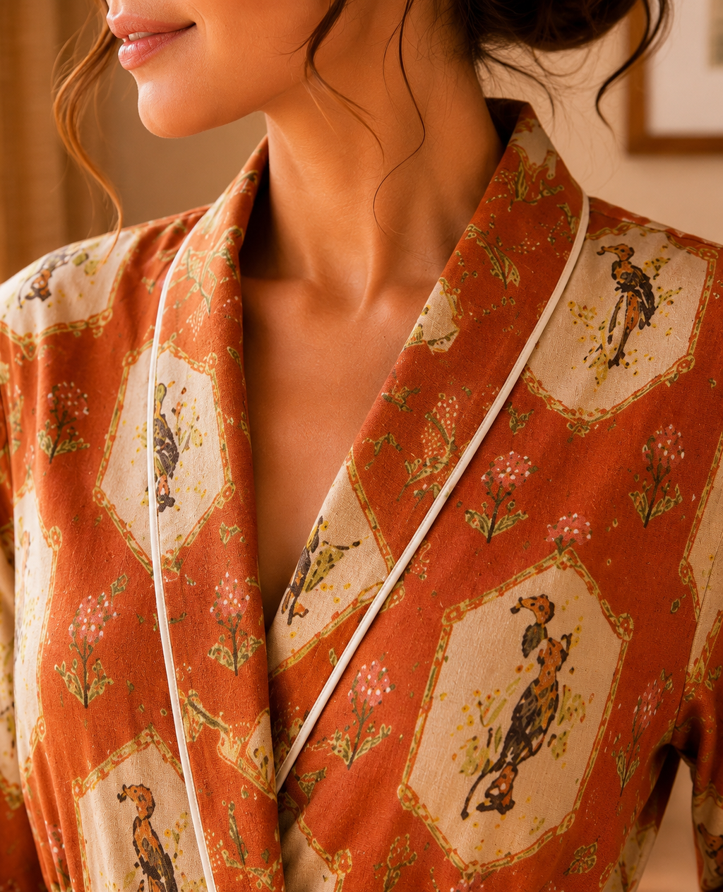 Luxury Lyocell Spa Robe | Silky Soft Sustainable Lounge Robe in Terracotta Botanical