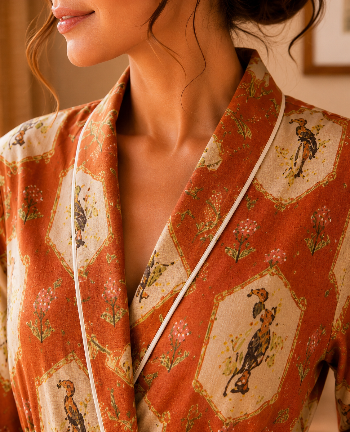 Luxury Lyocell Spa Robe | Silky Soft Sustainable Lounge Robe in Terracotta Botanical