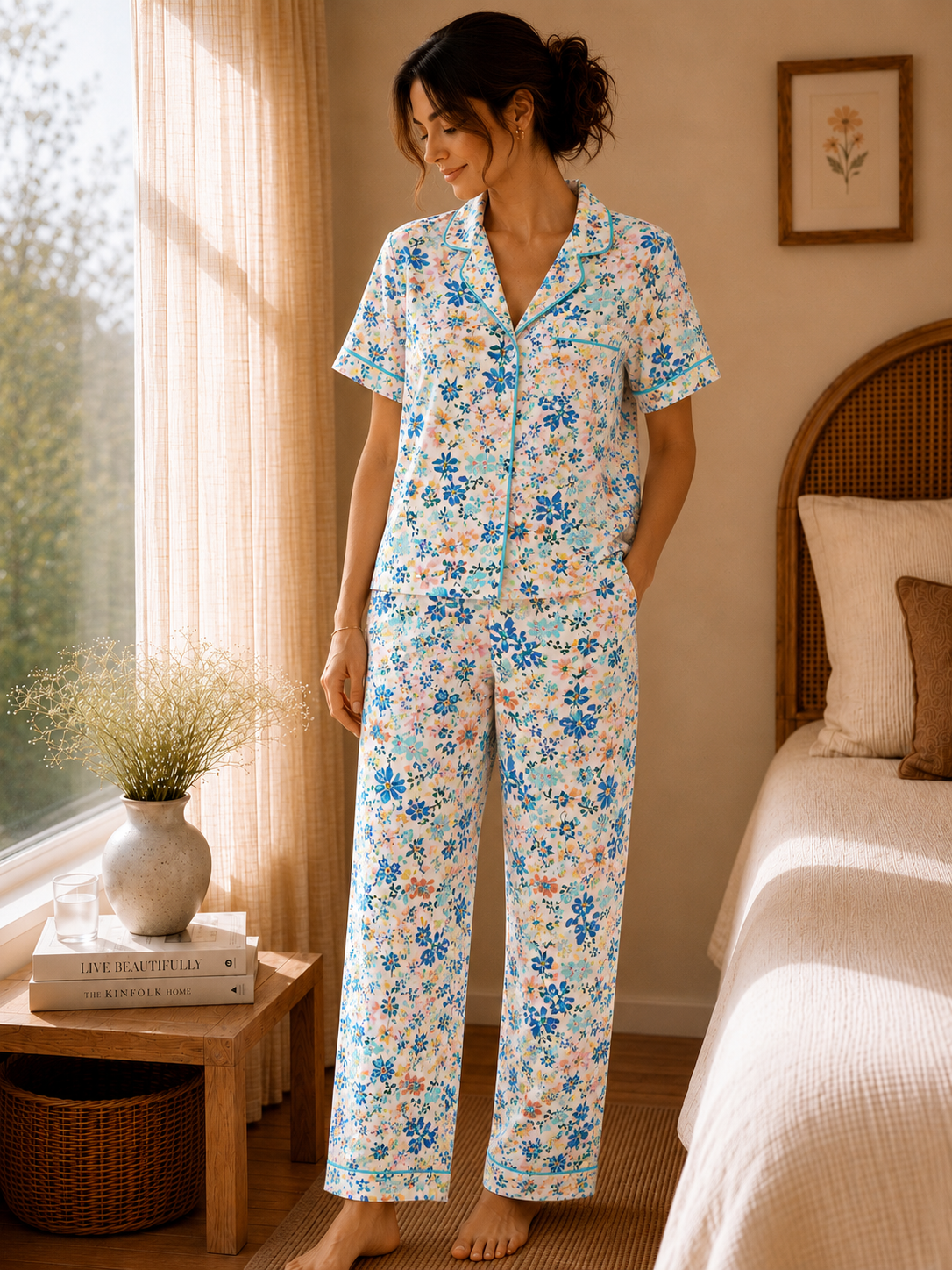 Women’s Floral Pajama Set & Sleepwear – Blue Floral Print