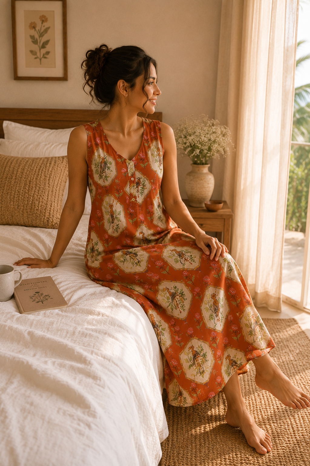 Luxury Lyocell Nightdress | Sustainable Women’s Sleeveless Lounge Dress | Terracotta Botanical