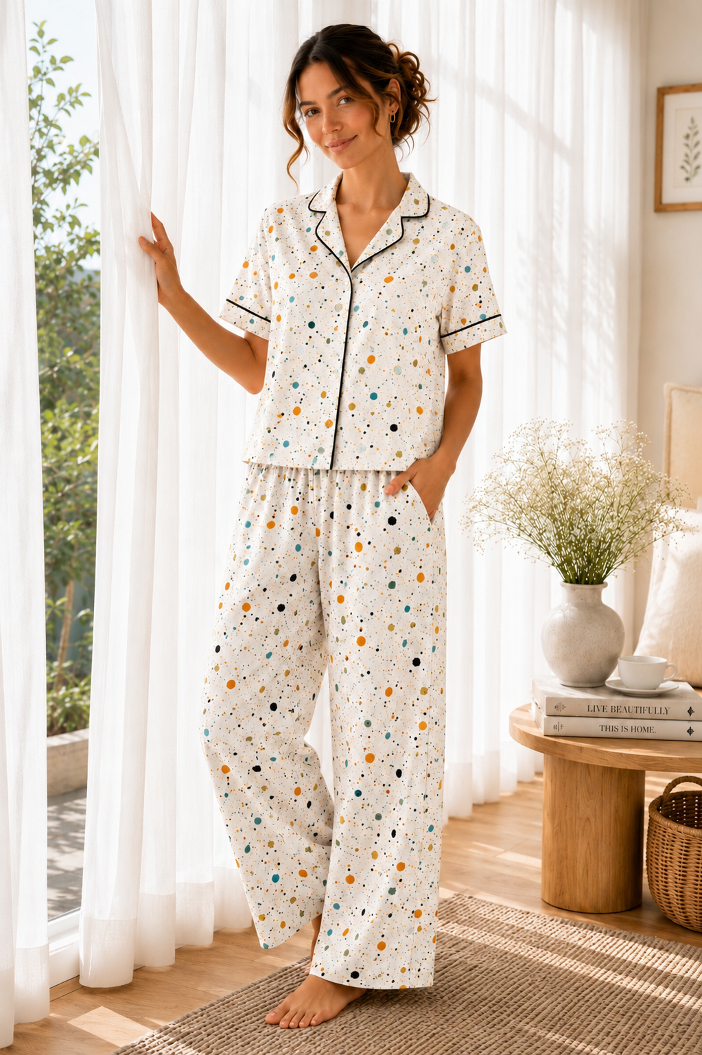 Confetti Print Lyocell Pajama Set | Soft Sustainable Women’s Sleepwear – Long Pants & Shorts