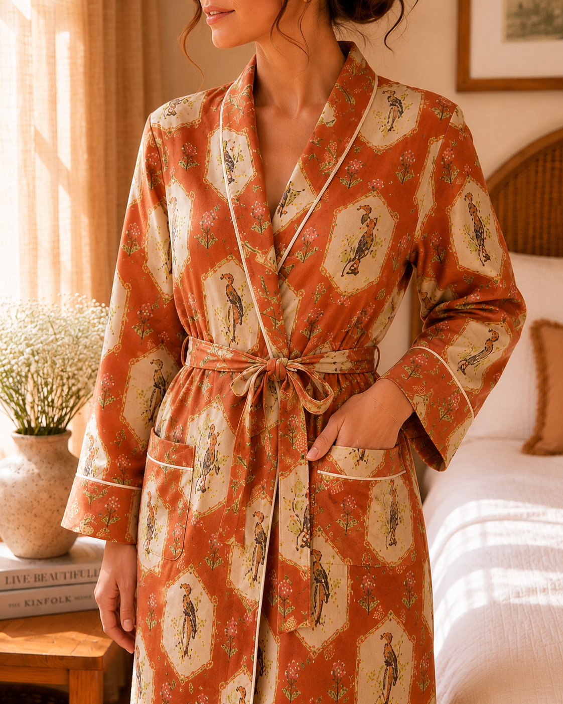 Luxury Lyocell Spa Robe | Silky Soft Sustainable Lounge Robe in Terracotta Botanical