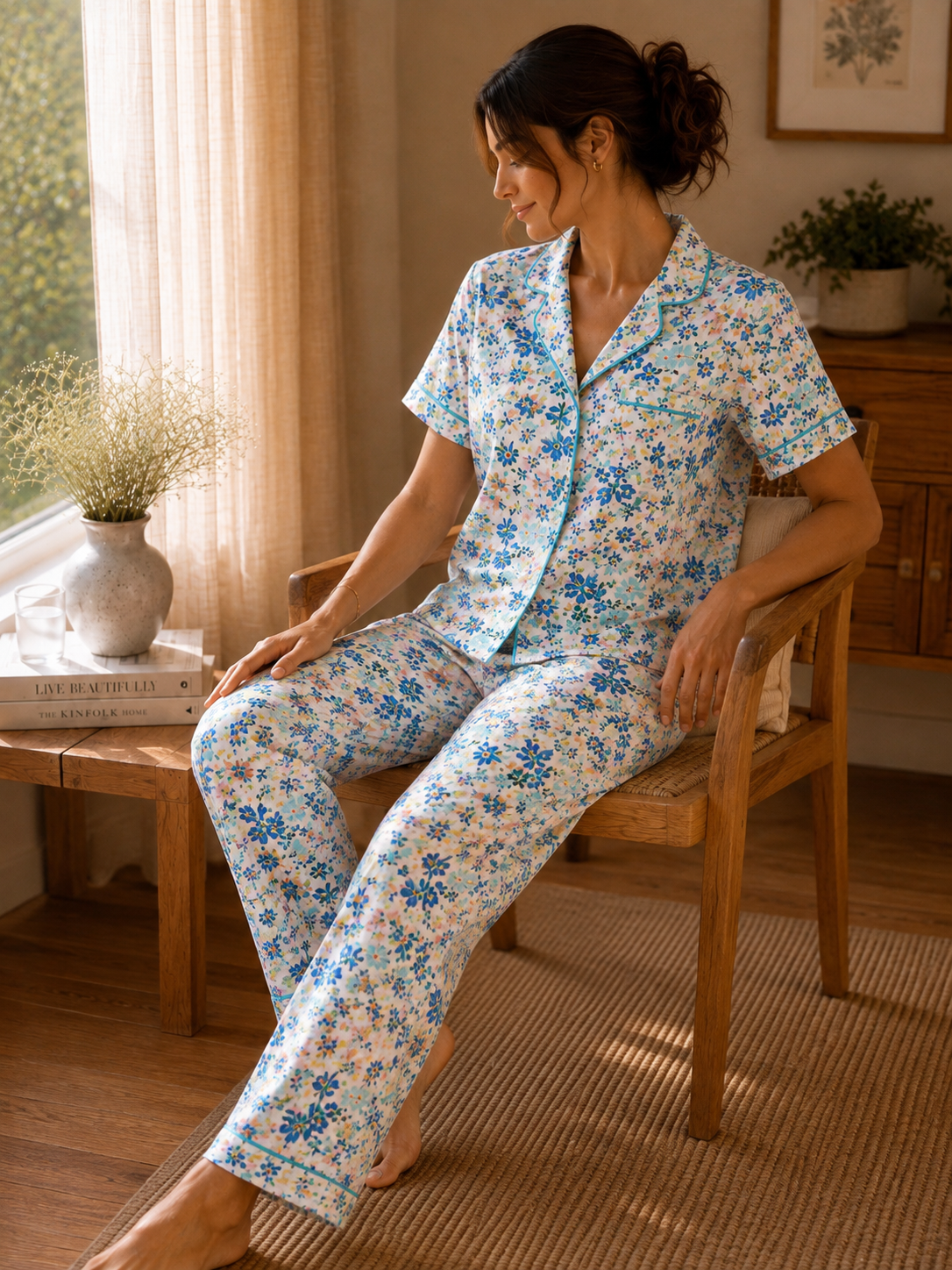 Women’s Floral Pajama Set & Sleepwear – Blue Floral Print