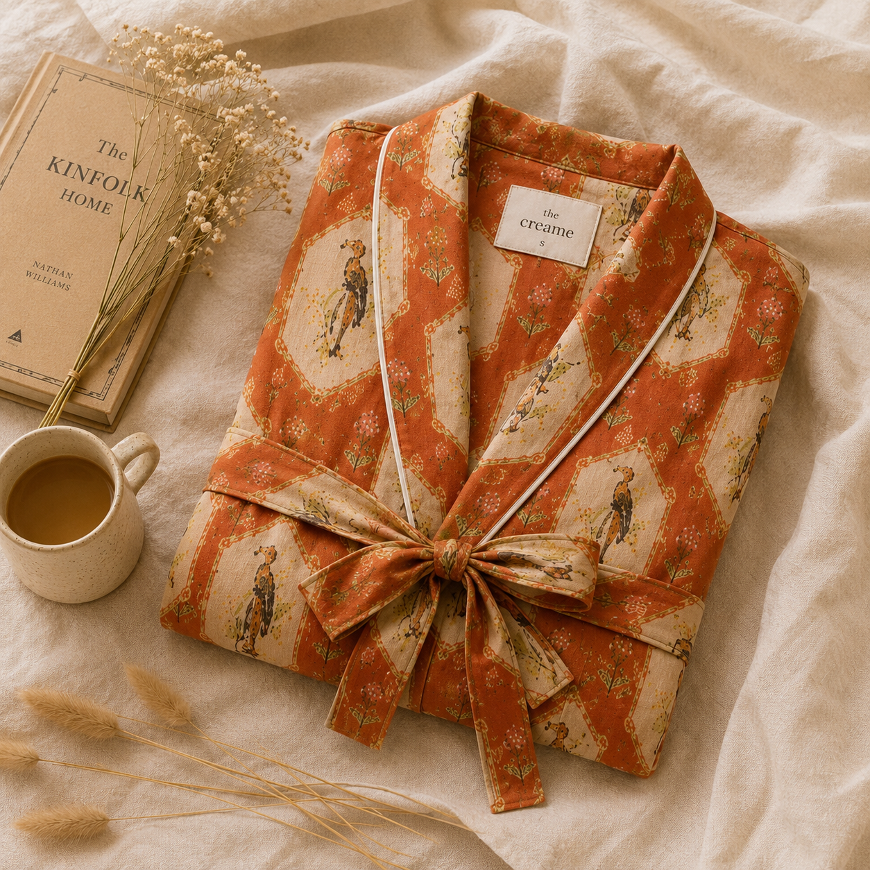 Luxury Lyocell Spa Robe | Silky Soft Sustainable Lounge Robe in Terracotta Botanical