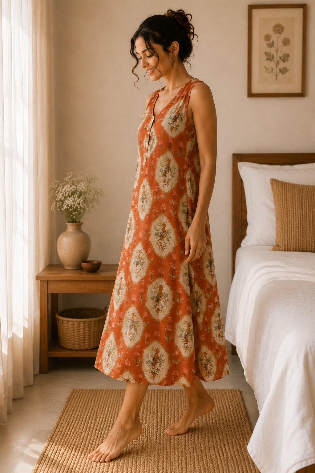 Luxury Lyocell Nightdress | Sustainable Women’s Sleeveless Lounge Dress | Terracotta Botanical