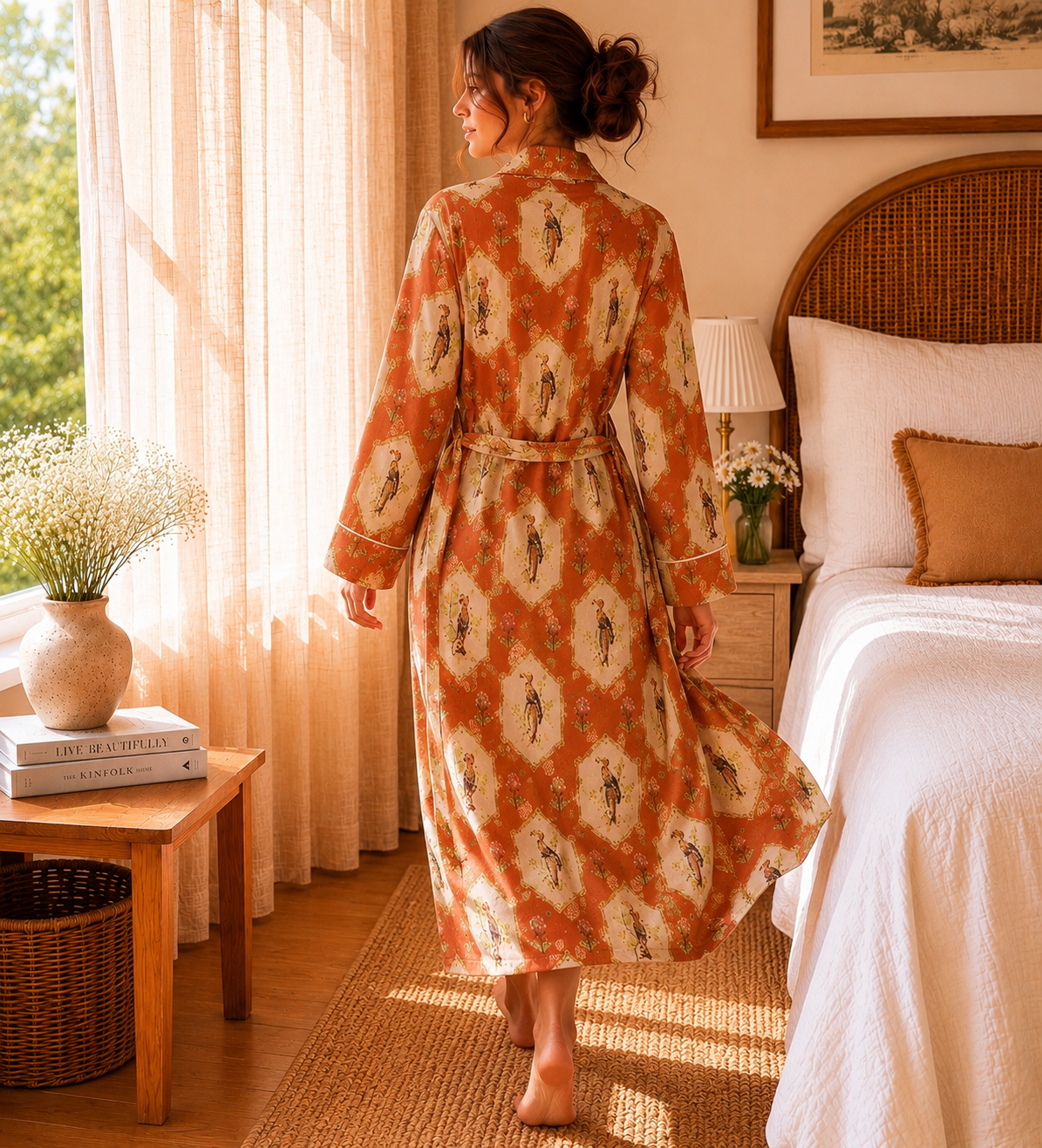 Luxury Lyocell Spa Robe | Silky Soft Sustainable Lounge Robe in Terracotta Botanical