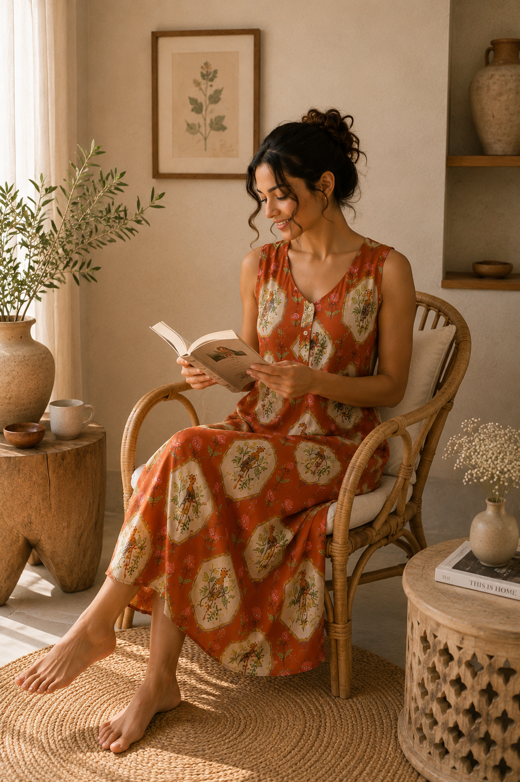 Luxury Lyocell Nightdress | Sustainable Women’s Sleeveless Lounge Dress | Terracotta Botanical