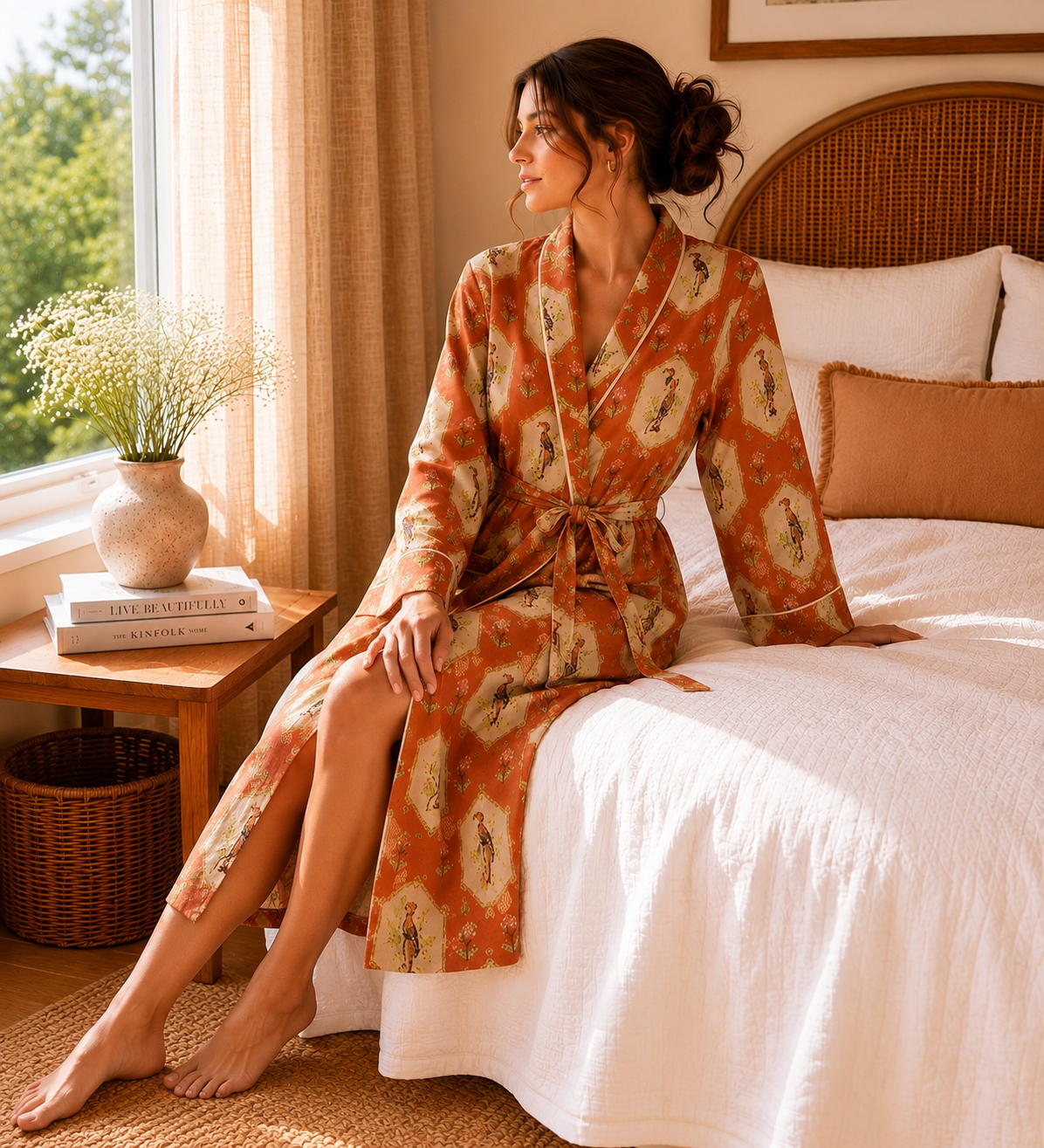 Luxury Lyocell Spa Robe | Silky Soft Sustainable Lounge Robe in Terracotta Botanical