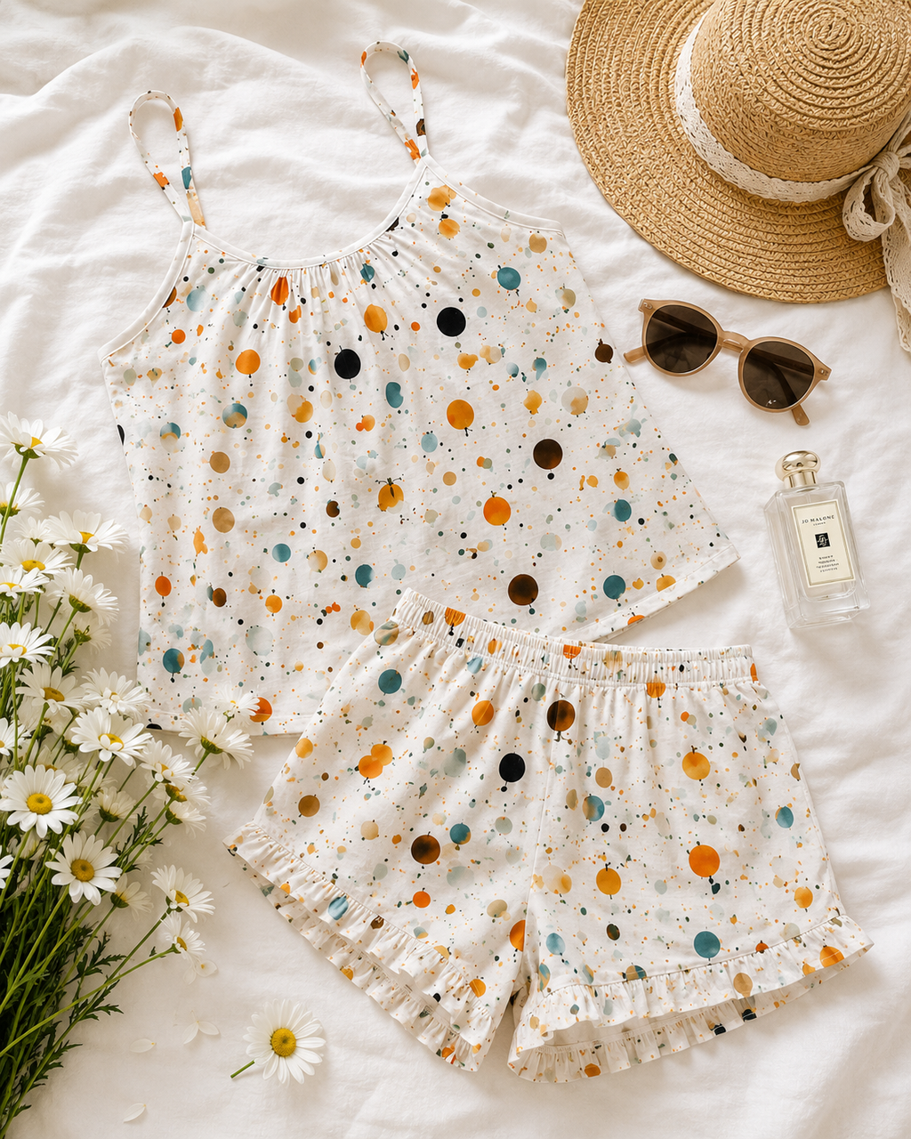 Confetti Print Lyocell Cami Shorts Set | Sustainable Women’s Sleepwear – Adjustable & Wide Strap Variants