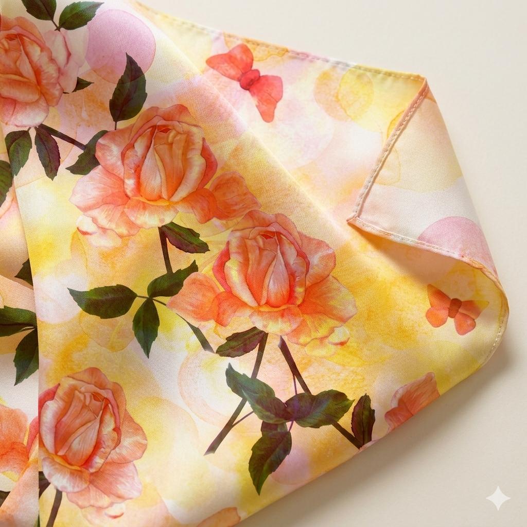 Luxury Rose Silk Scarf 90x90 cm | Peach Floral Square Silk Scarf