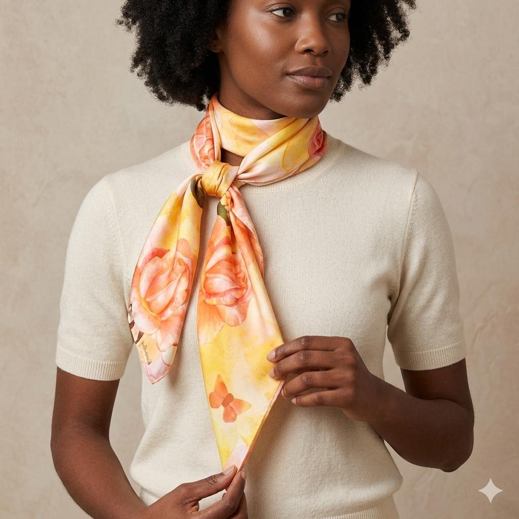 Luxury Rose Silk Scarf 90x90 cm | Peach Floral Square Silk Scarf