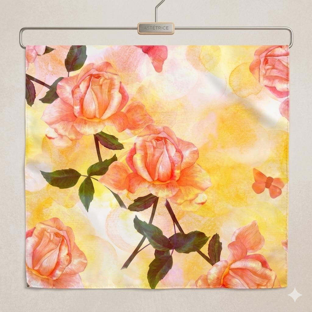 Luxury Rose Silk Scarf 90x90 cm | Peach Floral Square Silk Scarf