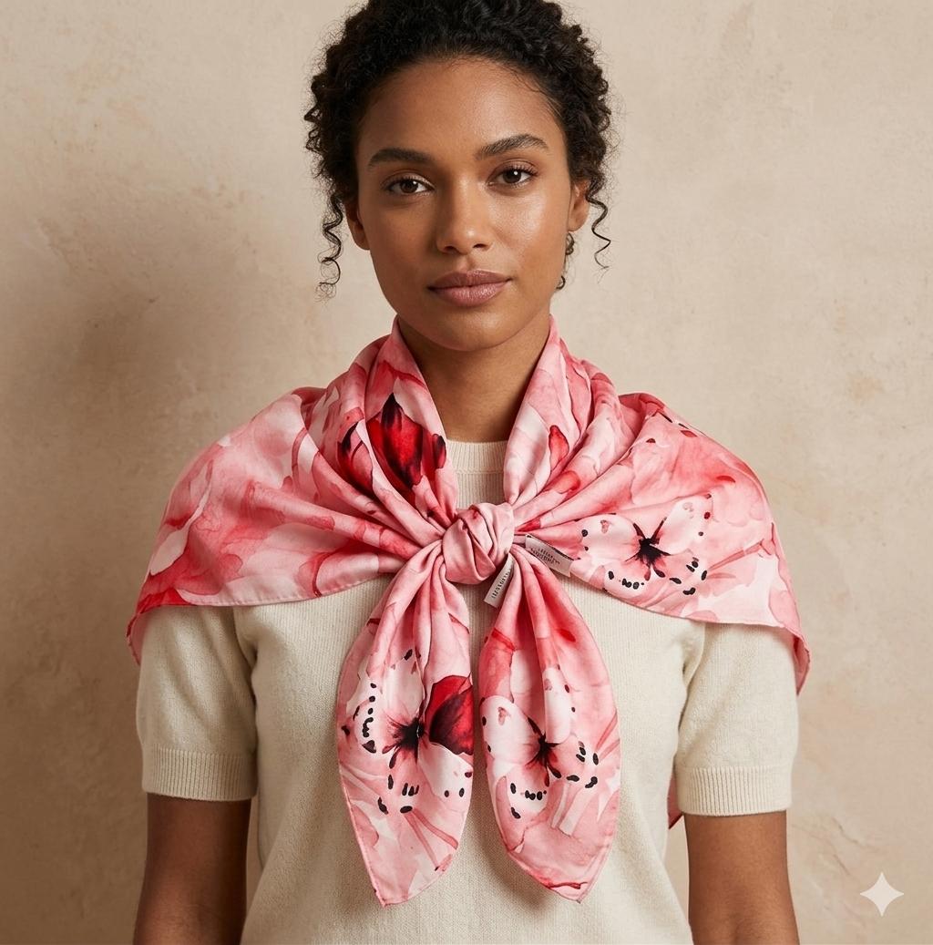Luxury Pink Floral Silk Scarf 90x90 cm | Women's Square Silk Scarf
