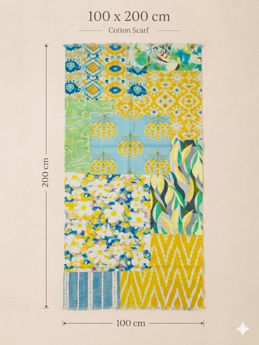 Botanical Patchwork Cotton Scarf | Oversized 100 × 200 cm Floral Wrap