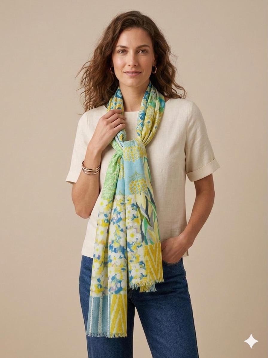 Botanical Patchwork Cotton Scarf | Oversized 100 × 200 cm Floral Wrap