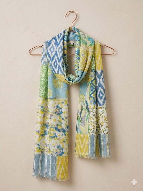 Botanical Patchwork Cotton Scarf | Oversized 100 × 200 cm Floral Wrap