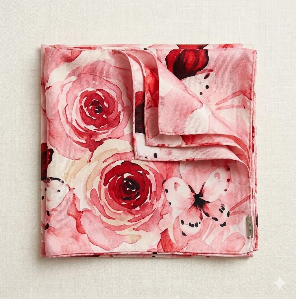 Luxury Pink Floral Silk Scarf 90x90 cm | Women's Square Silk Scarf