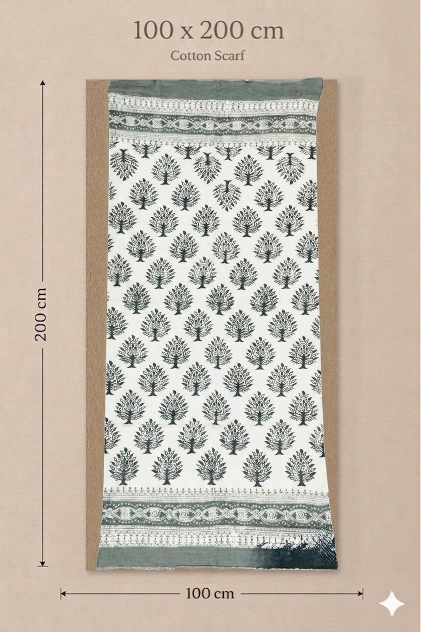 Heritage Tree Print Cotton Scarf | Oversized 100 × 200 cm Monochrome Wrap