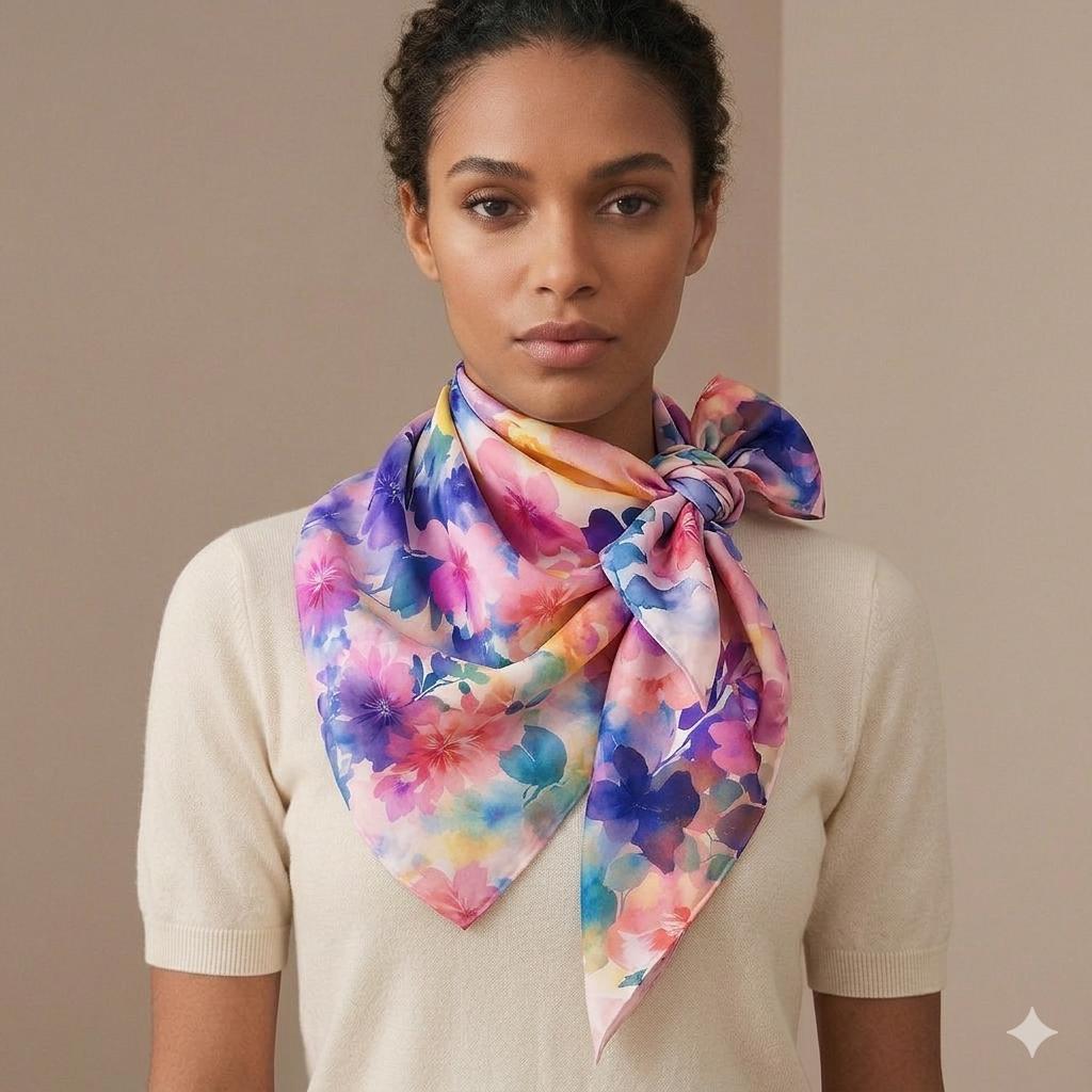 Luxury Watercolor Floral Silk Scarf 90x90 cm | Square Silk Scarf