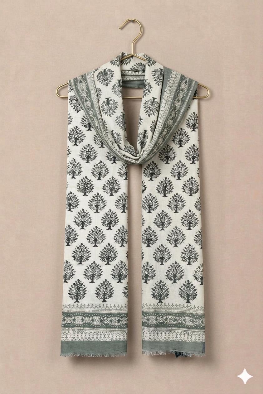 Heritage Tree Print Cotton Scarf | Oversized 100 × 200 cm Monochrome Wrap