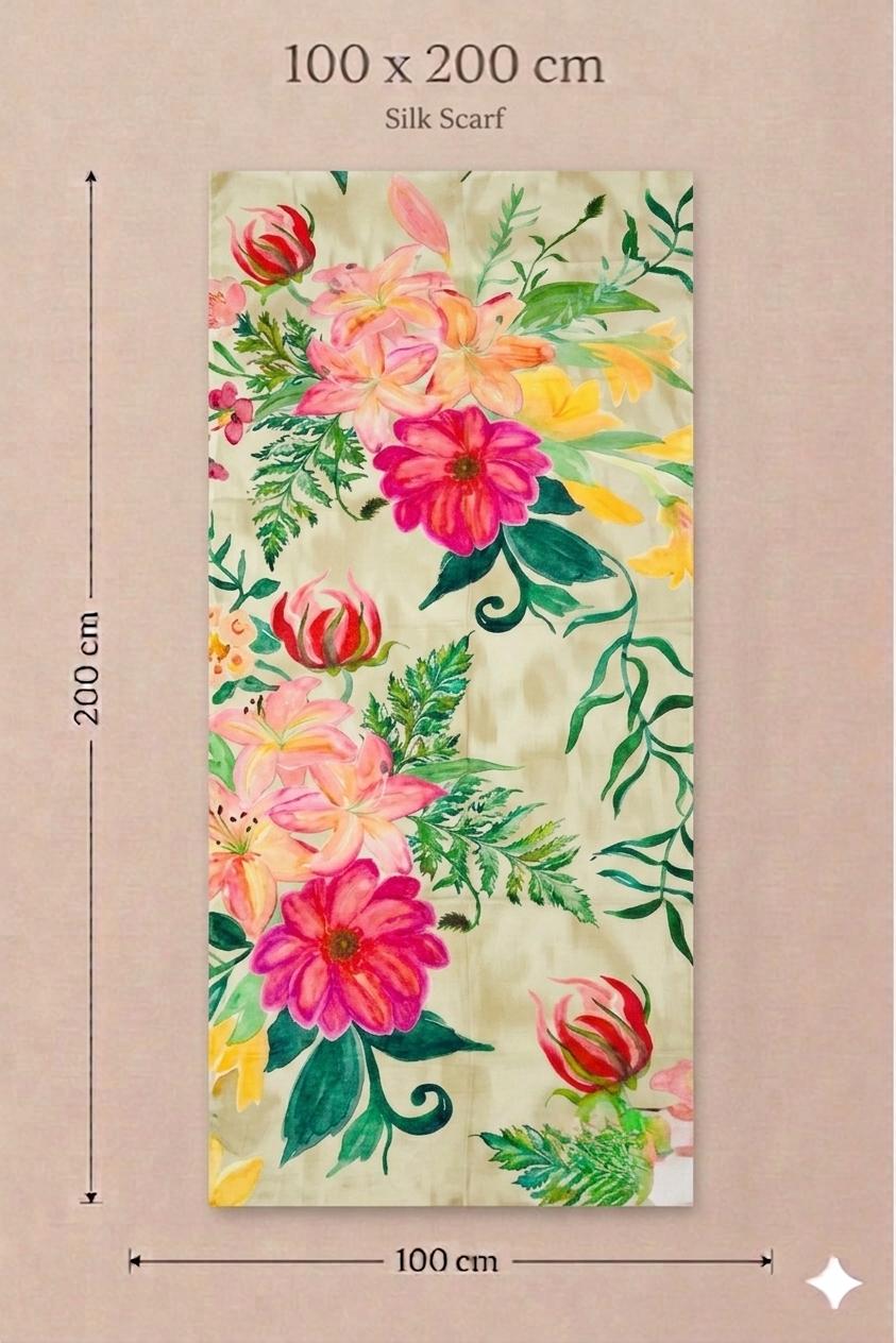 Watercolor Floral Cotton Scarf | Oversized 100 × 200 cm Botanical Wrap
