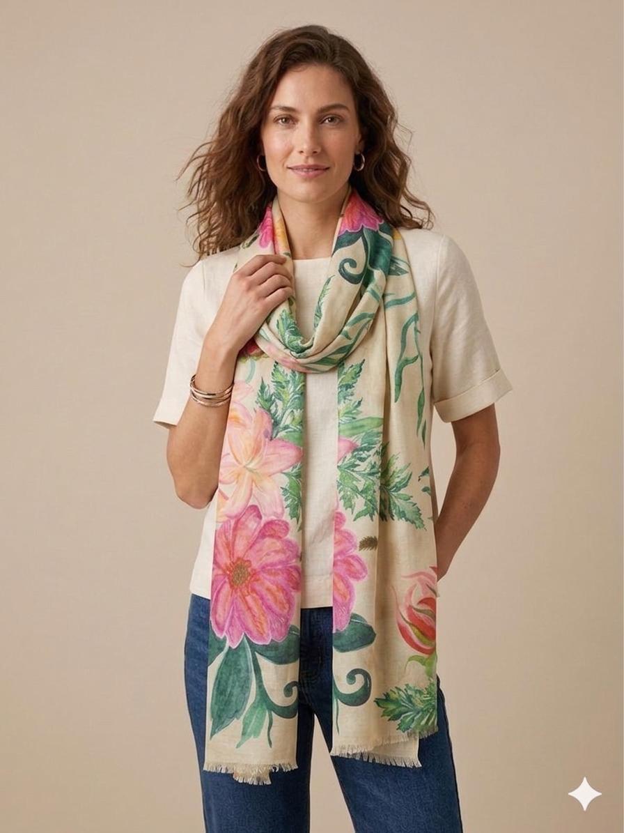 Watercolor Floral Cotton Scarf | Oversized 100 × 200 cm Botanical Wrap
