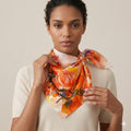 Serenca Silk Scarf 90 × 90 cm | Luxury Floral Square Scarf | Orange Rose Designer Silk Scarf