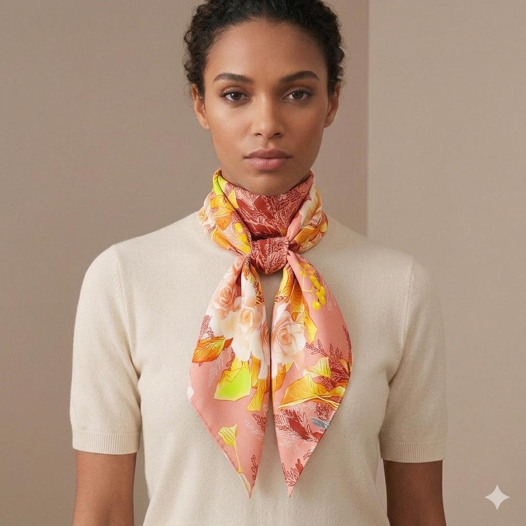 Luxury Rose Silk Scarf 90x90 cm | Blush Pink Floral Square Scarf