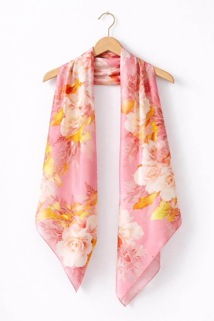 Luxury Rose Silk Scarf 90x90 cm | Blush Pink Floral Square Scarf