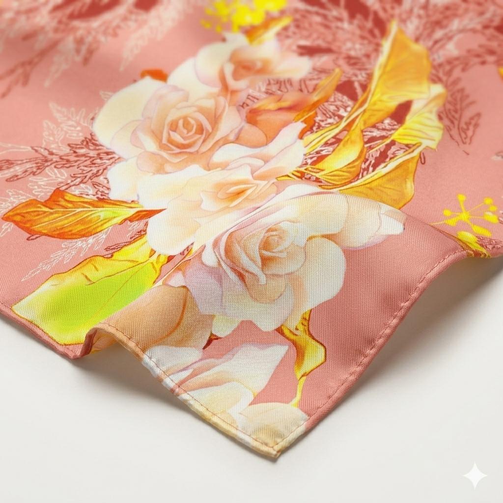 Luxury Rose Silk Scarf 90x90 cm | Blush Pink Floral Square Scarf