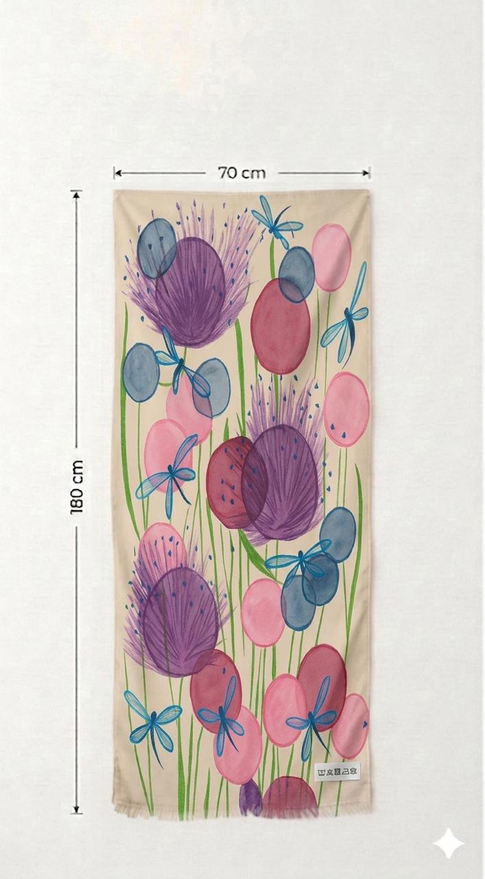 Luxury Botanical Silk Scarf 70x180 cm | Dragonfly Floral Silk Wrap