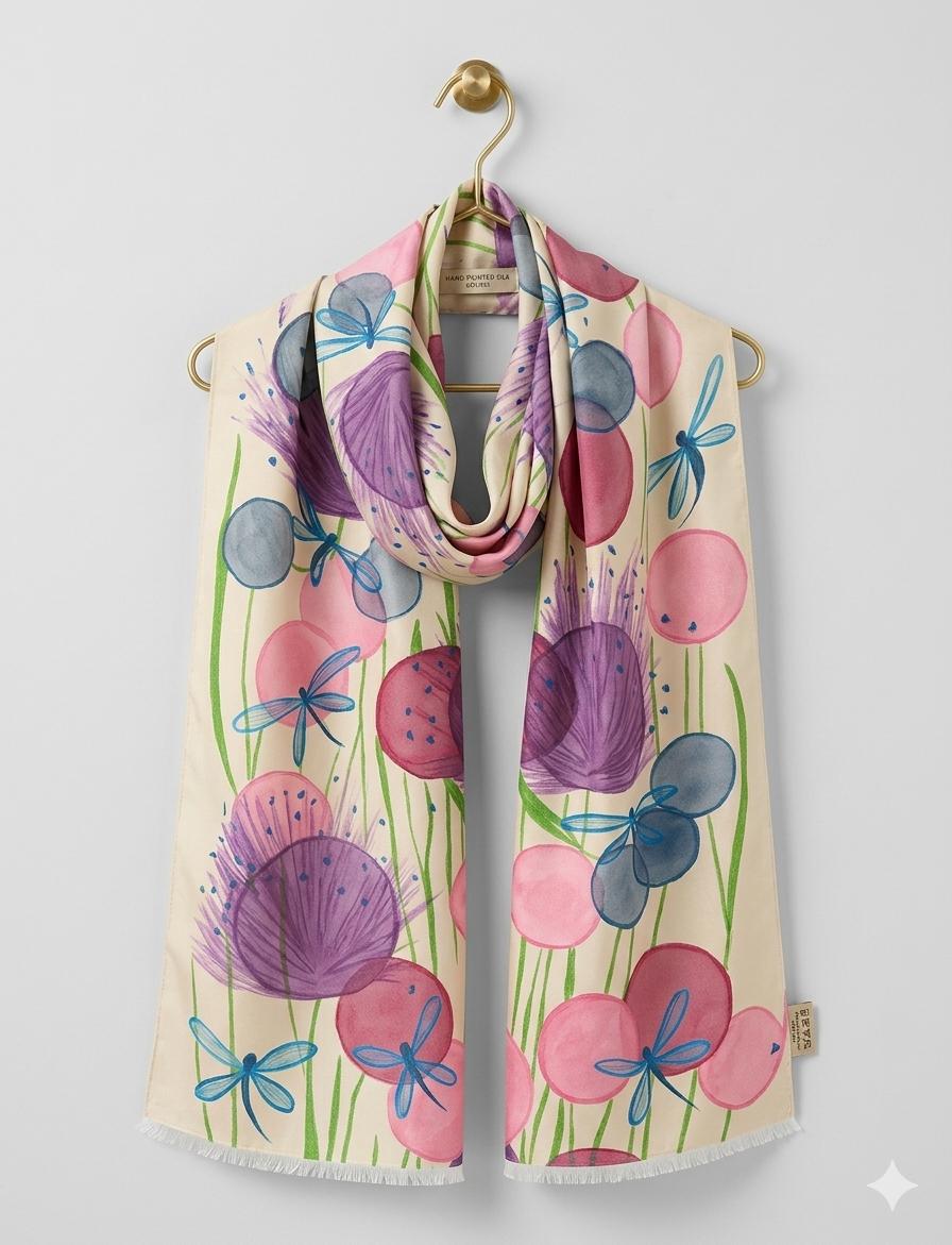 Luxury Botanical Silk Scarf 70x180 cm | Dragonfly Floral Silk Wrap