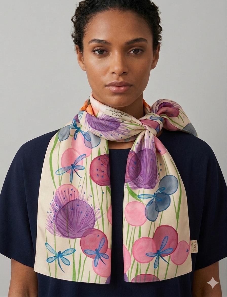 Luxury Botanical Silk Scarf 70x180 cm | Dragonfly Floral Silk Wrap