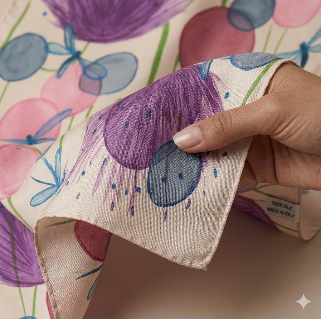 Luxury Botanical Silk Scarf 70x180 cm | Dragonfly Floral Silk Wrap