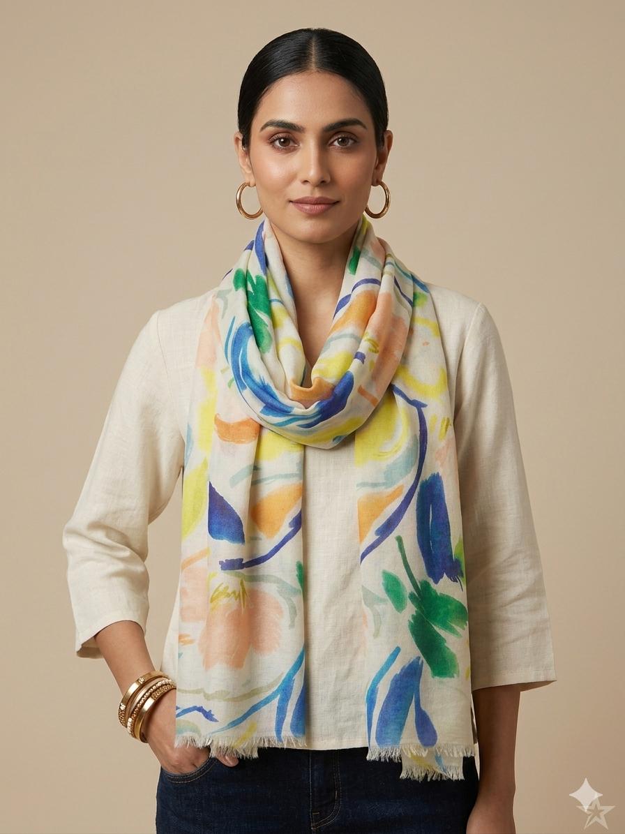 Abstract Floral Cotton Scarf 100 x 200 cm | Lightweight Oversized Botanical Wrap