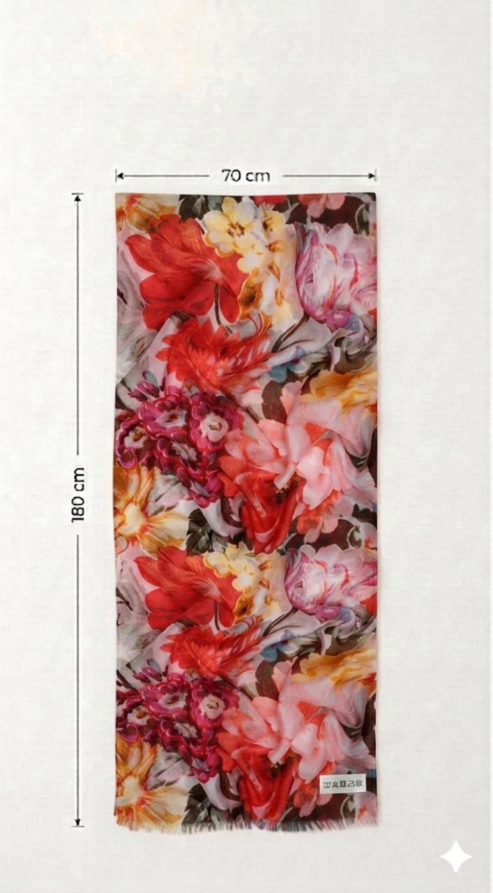 Luxury Floral Silk Scarf 70x180 cm | Red Pink Designer Silk Wrap
