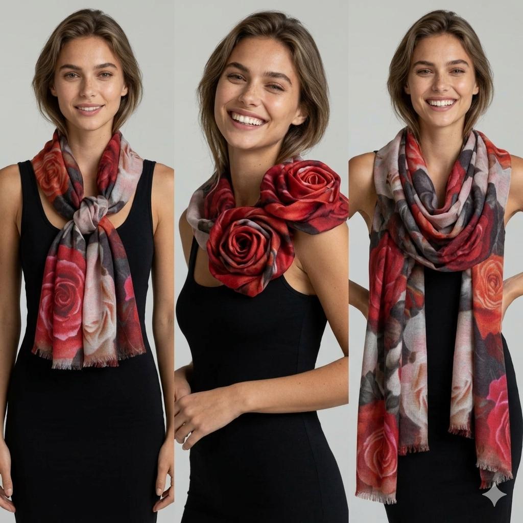 Luxury Floral Silk Scarf 70x180 cm | Red Pink Designer Silk Wrap