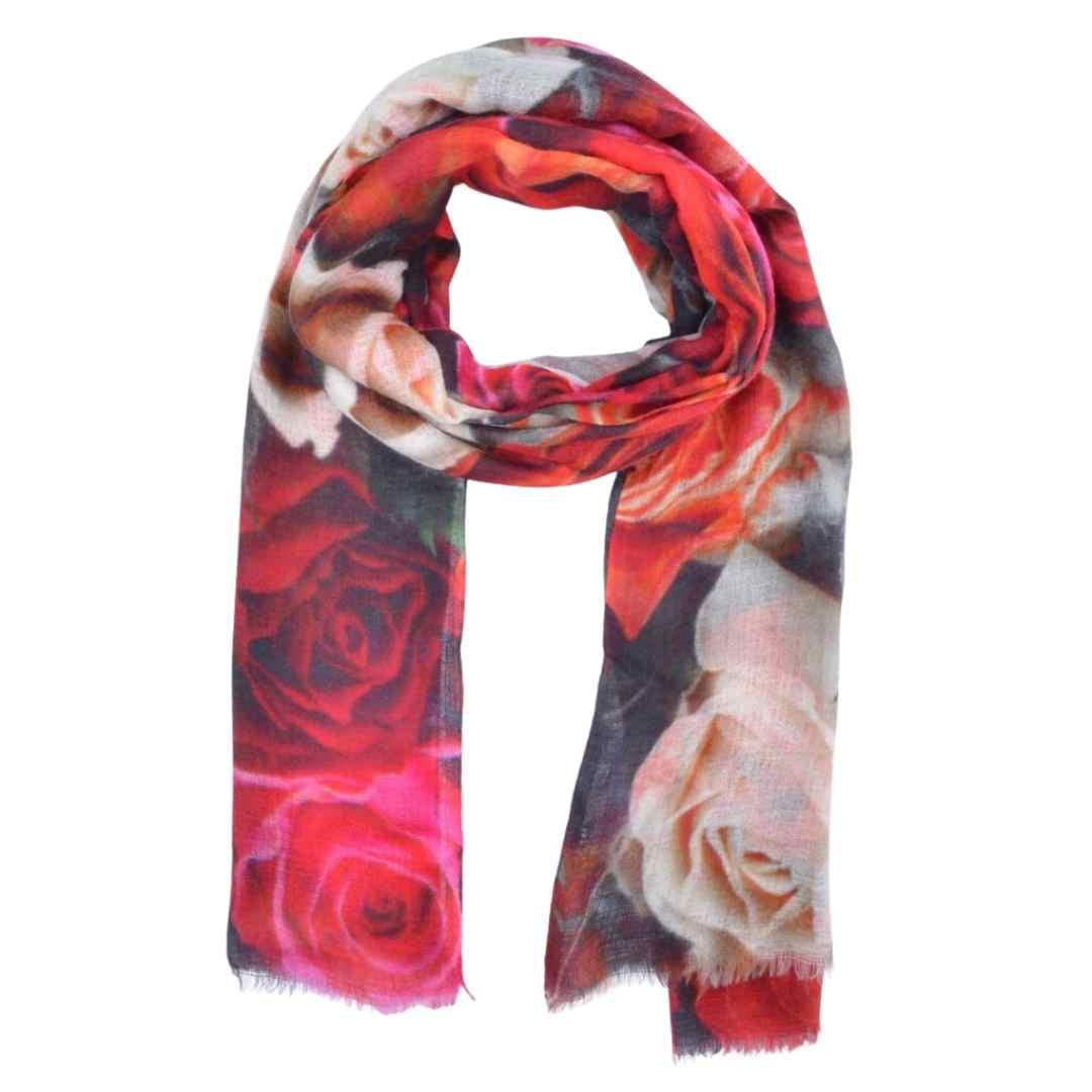 Luxury Floral Silk Scarf 70x180 cm | Red Pink Designer Silk Wrap