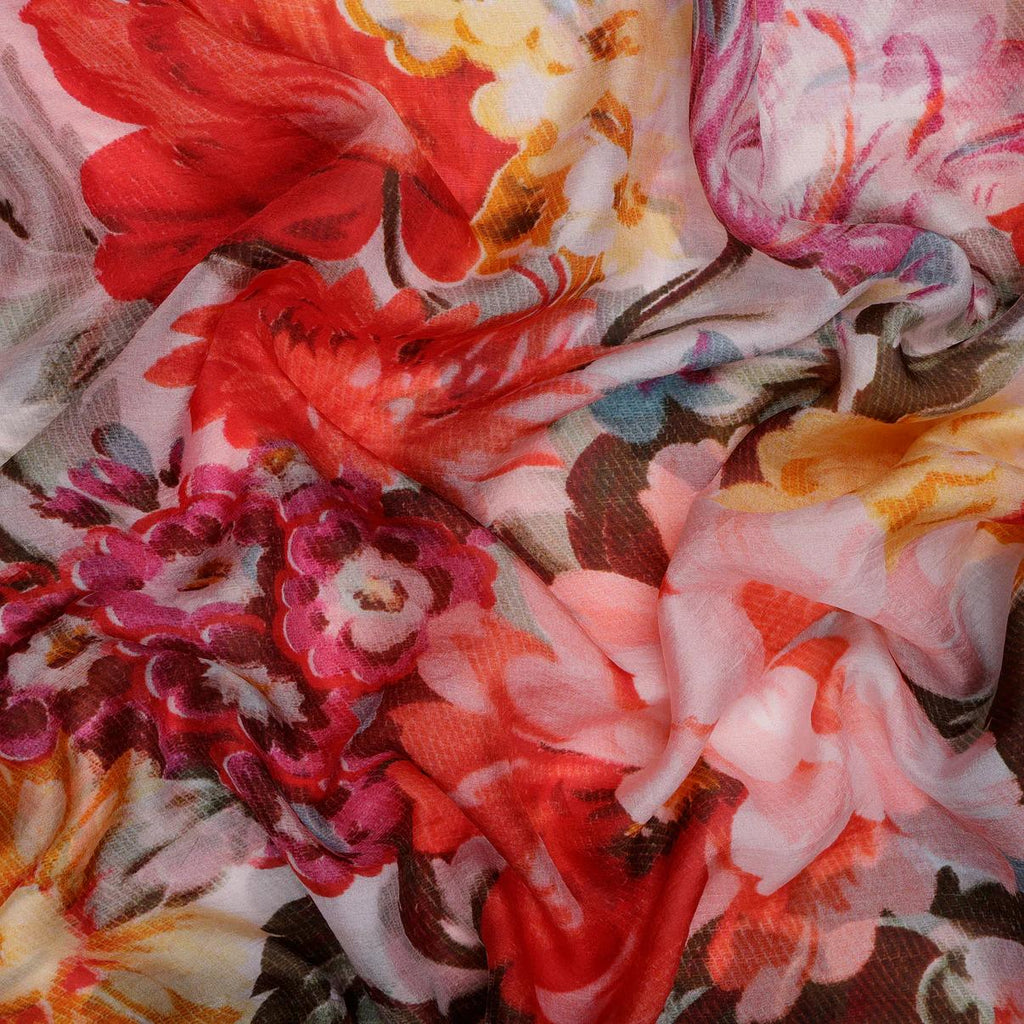 Luxury Floral Silk Scarf 70x180 cm | Red Pink Designer Silk Wrap
