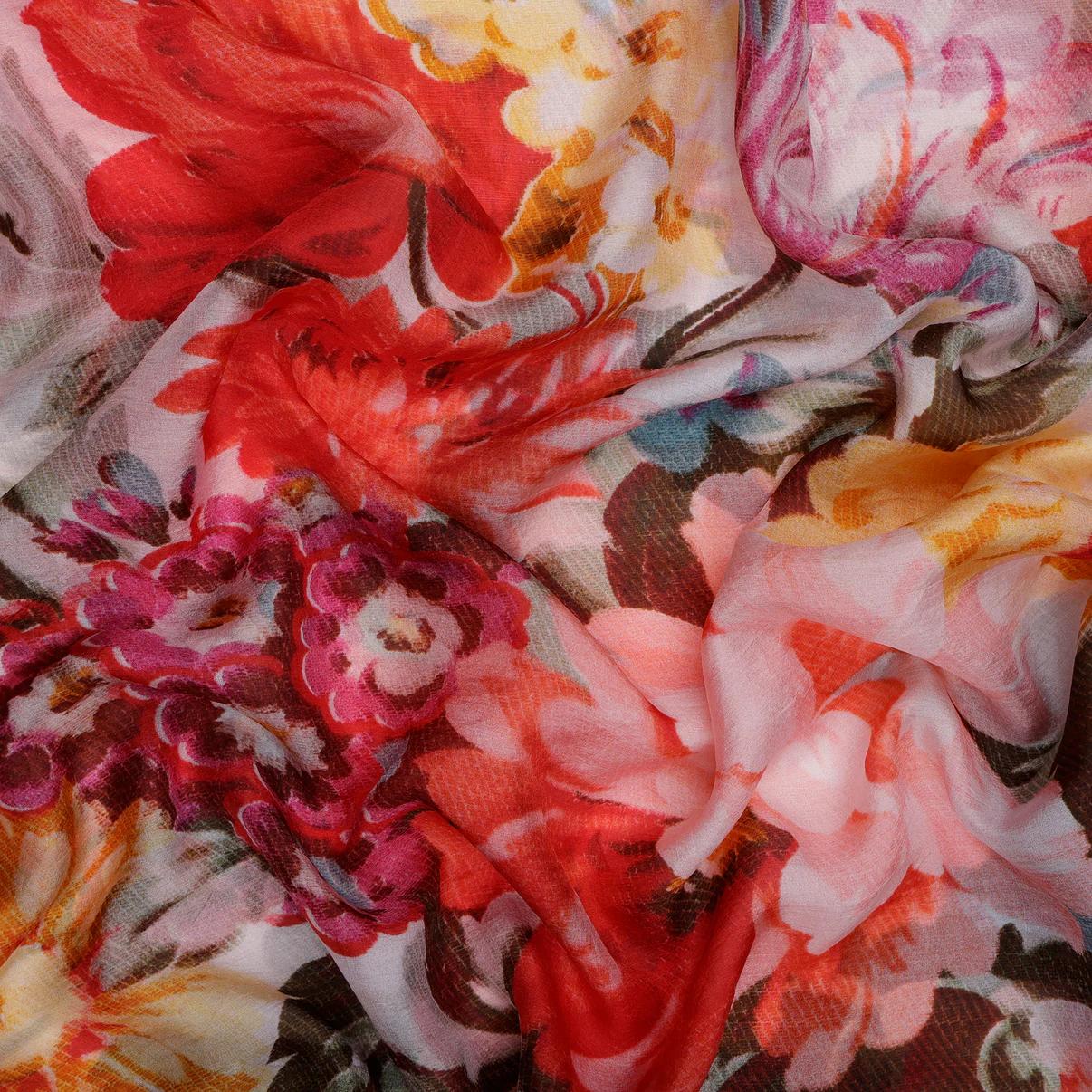 Luxury Floral Silk Scarf 70x180 cm | Red Pink Designer Silk Wrap