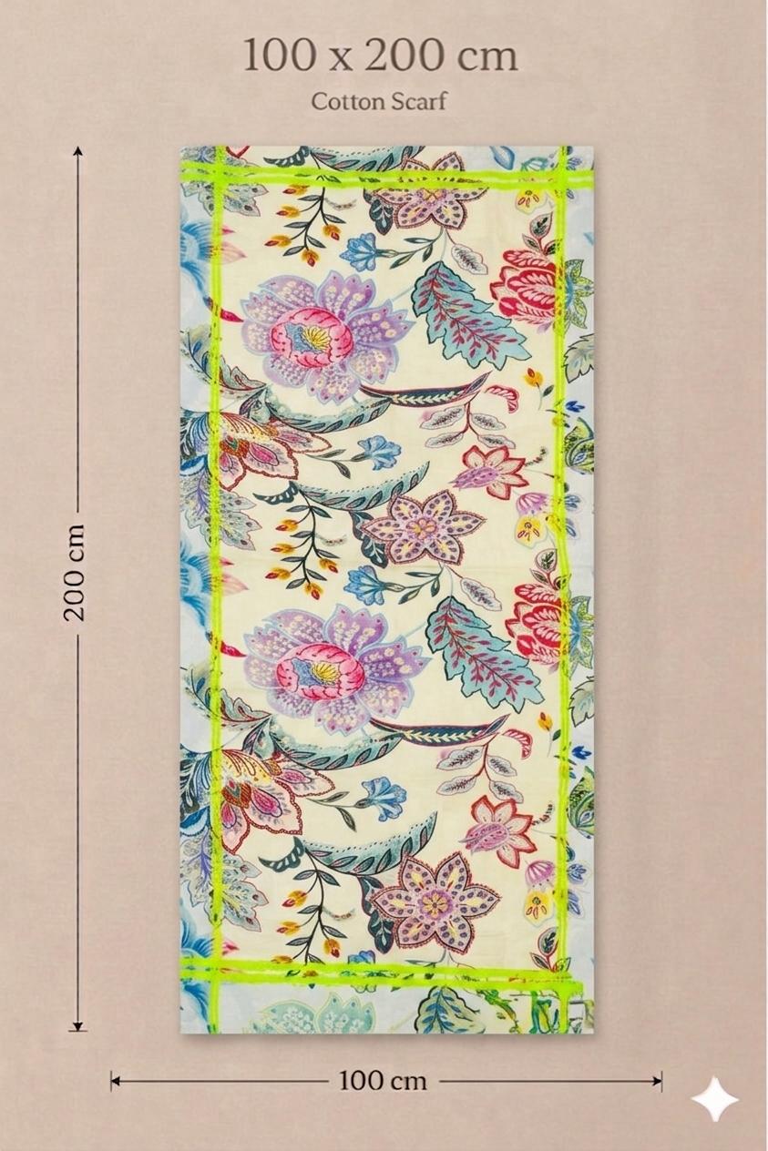 Pastel Floral Cotton Scarf 100 x 200 cm | Oversized Botanical Lightweight Wrap