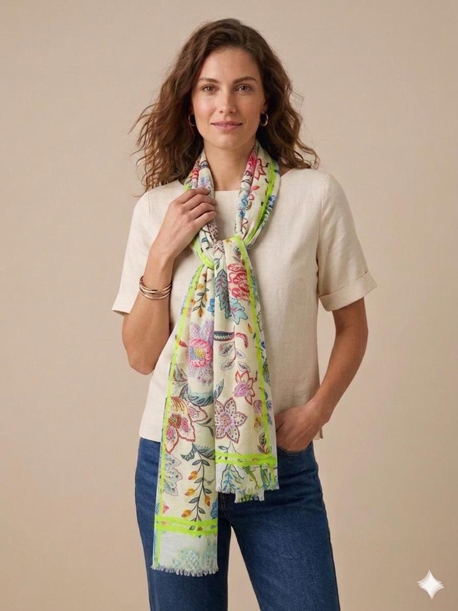 Pastel Floral Cotton Scarf 100 x 200 cm | Oversized Botanical Lightweight Wrap