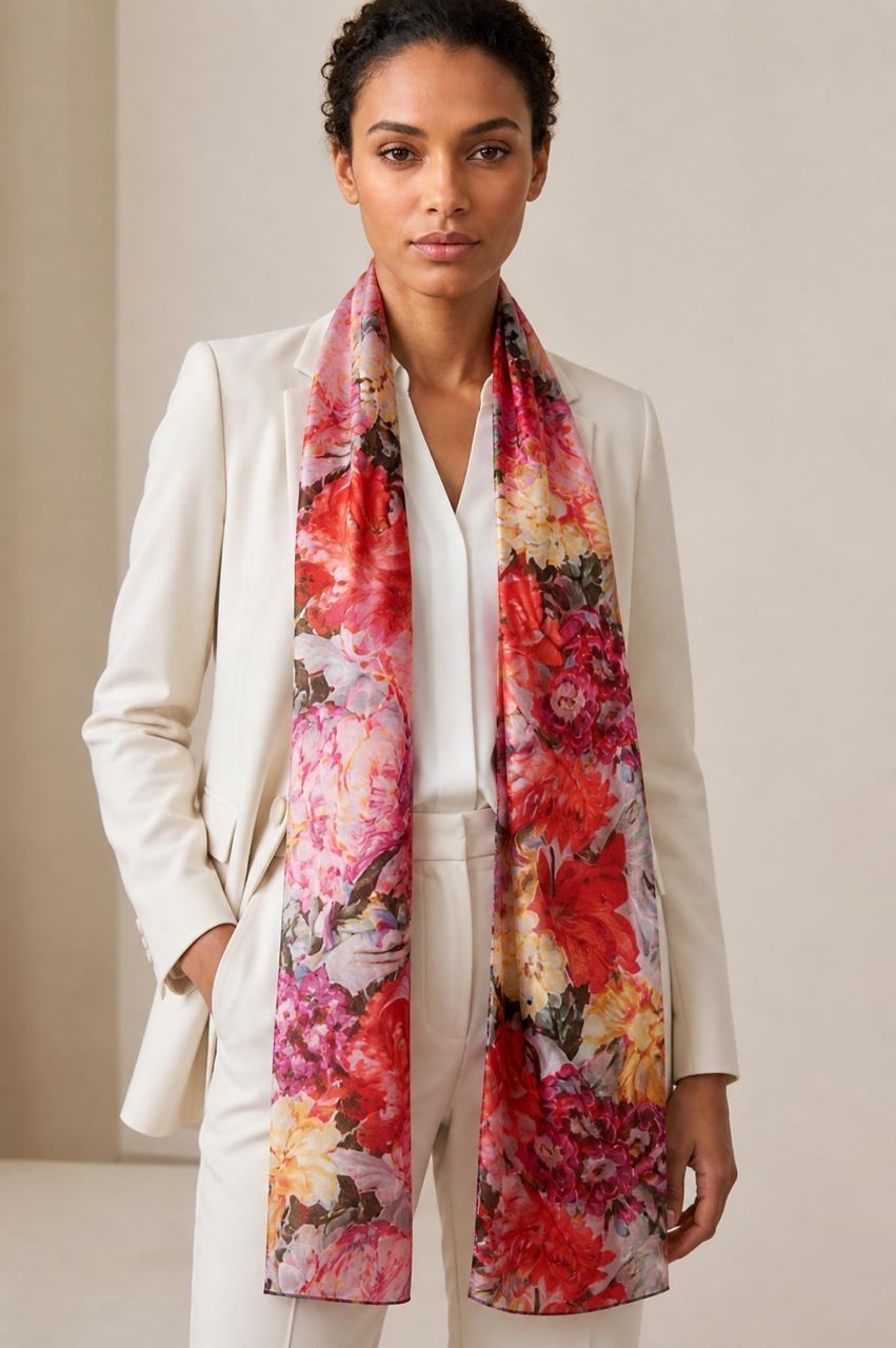 Luxury Floral Silk Scarf 70x180 cm | Red Pink Designer Silk Wrap