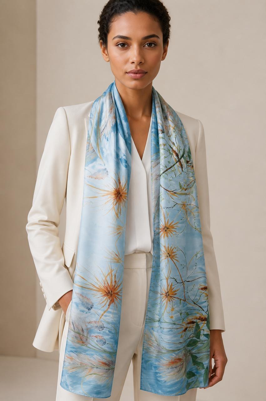 Luxury Botanical Silk Scarf 70x180 cm | Meadow Print Silk Wrap
