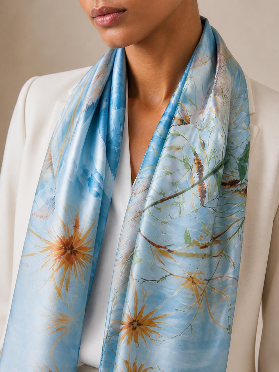 Luxury Botanical Silk Scarf 70x180 cm | Meadow Print Silk Wrap