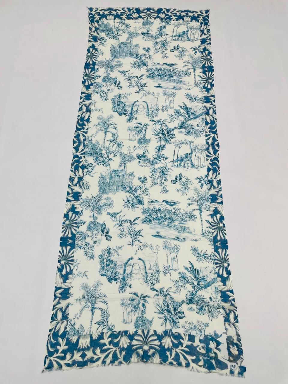 Blue Toile Cotton Scarf 100 x 200 cm | Oversized Botanical Lightweight Wrap