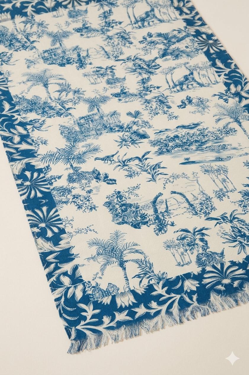 Blue Toile Cotton Scarf 100 x 200 cm | Oversized Botanical Lightweight Wrap