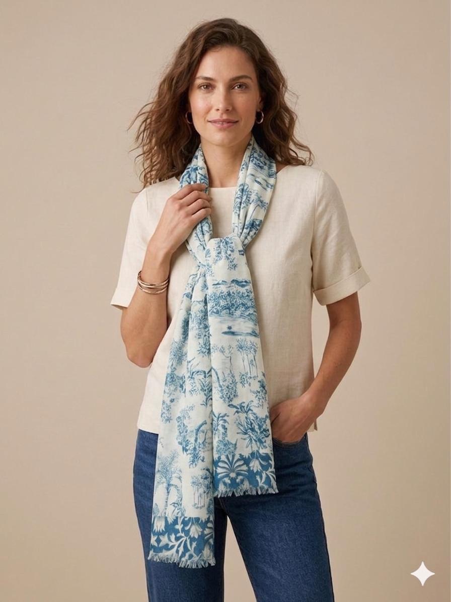 Blue Toile Cotton Scarf 100 x 200 cm | Oversized Botanical Lightweight Wrap
