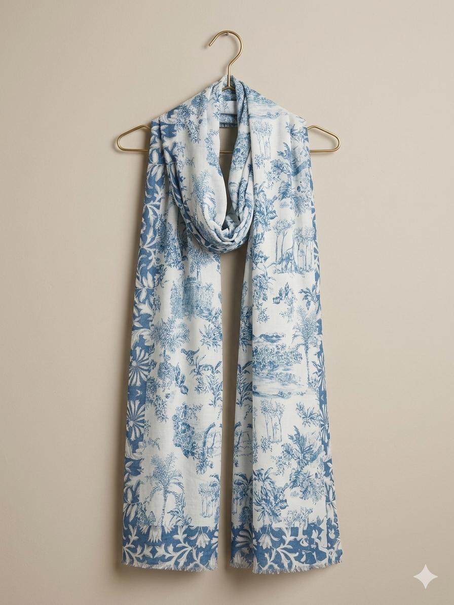 Blue Toile Cotton Scarf 100 x 200 cm | Oversized Botanical Lightweight Wrap