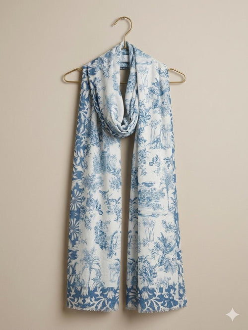 Blue Toile Cotton Scarf 100 x 200 cm | Oversized Botanical Lightweight Wrap